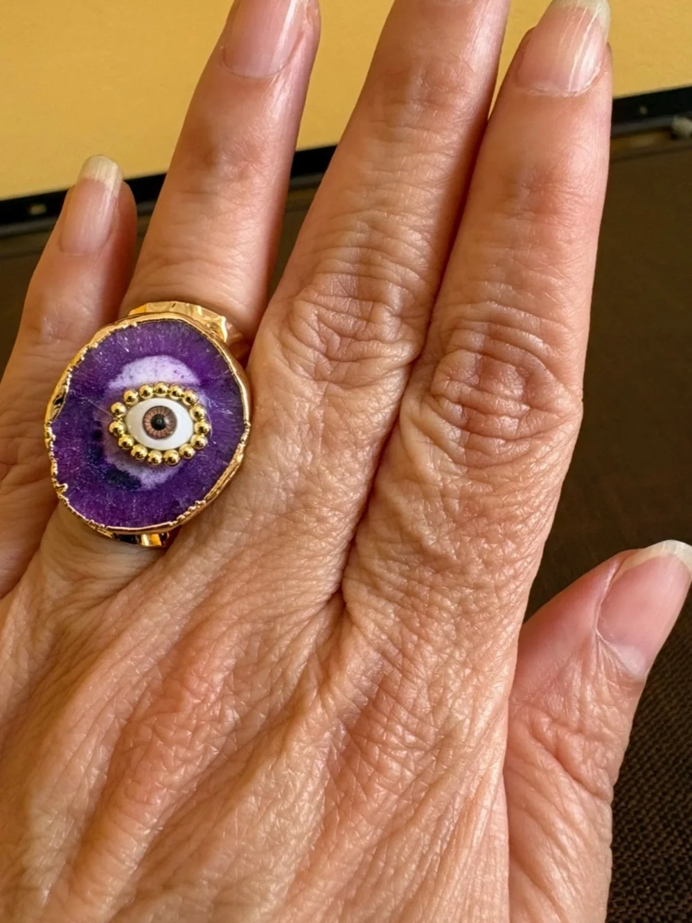 Purple Druzy Geode Evil Eye Ring with Gold Trim Adjustable